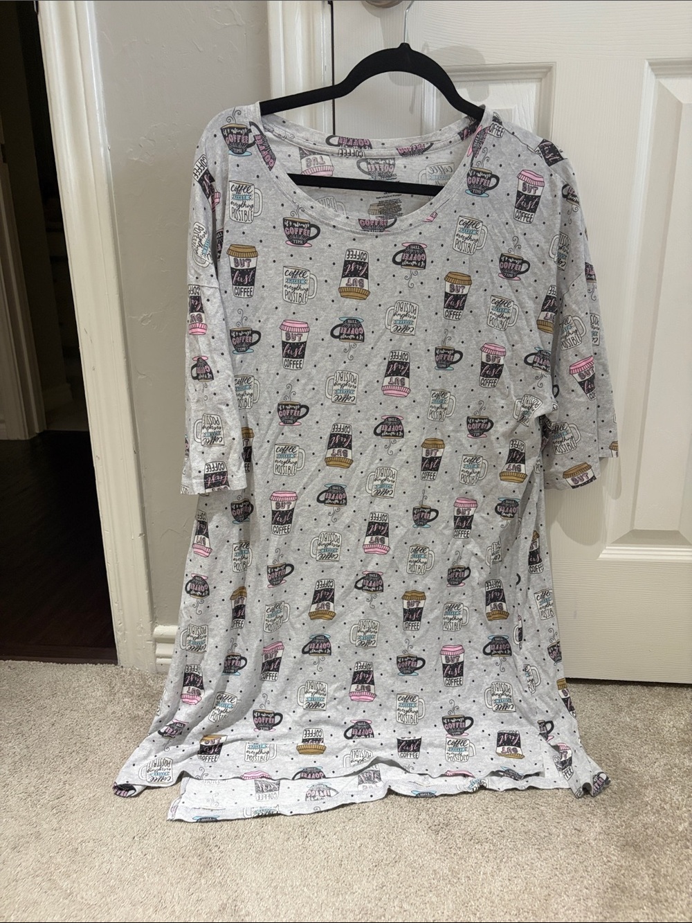 Gray Coffee Cup Print Pajama Sleep shirt Nightgown